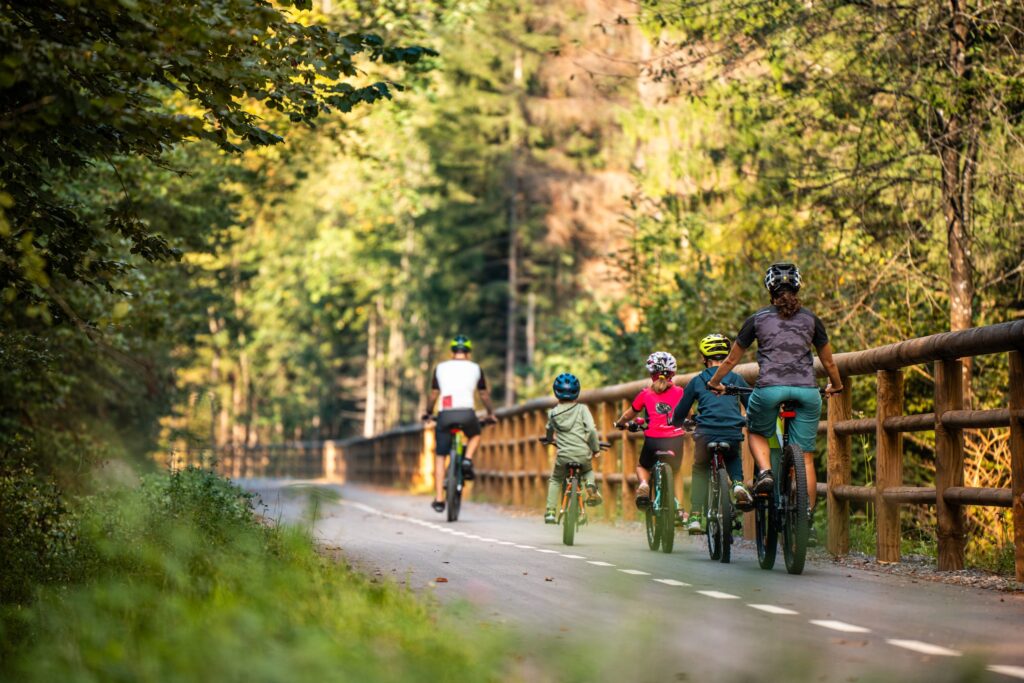 Family cycling experience along a picturesque trail