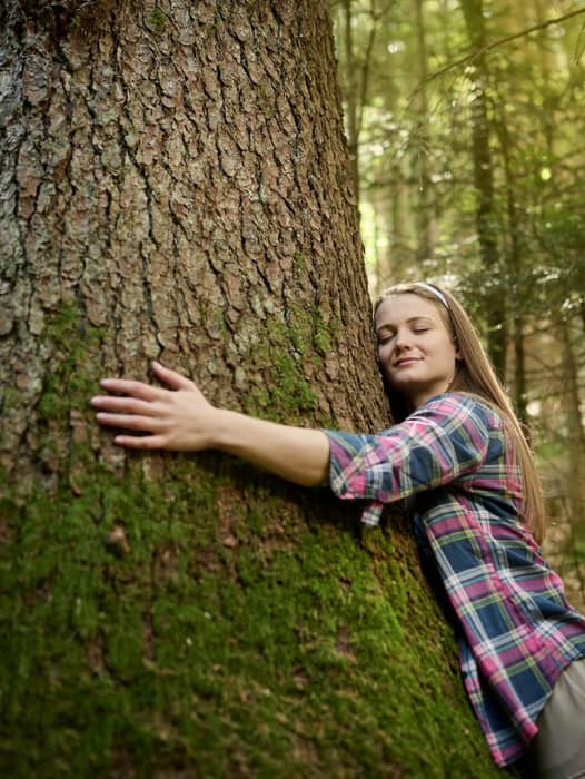 Girl embracing a majestic tree in the middle of a forest