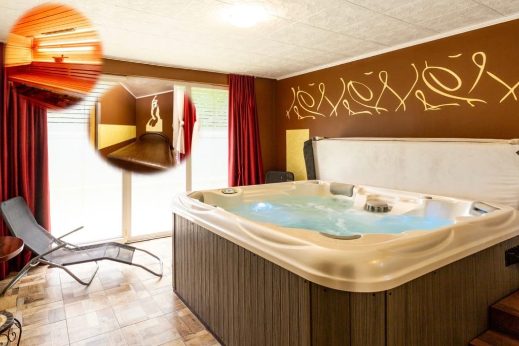 The wellness area offers private relaxation with a hot tub and sauna.