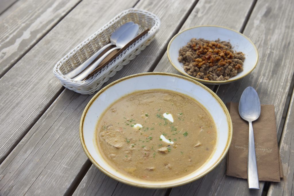 Mushroom soup with buckwheat spoonbread and cracklings