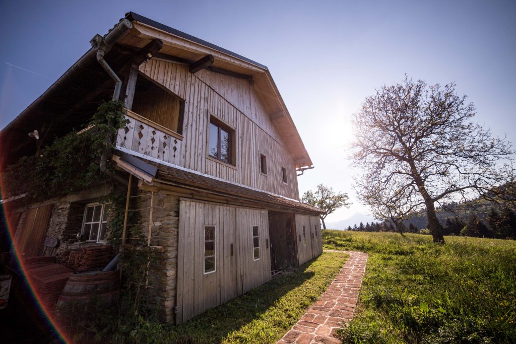 Holiday house with wooden elements in a peaceful environment