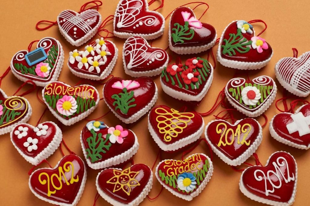 Hand-decorated gingerbread hearts.