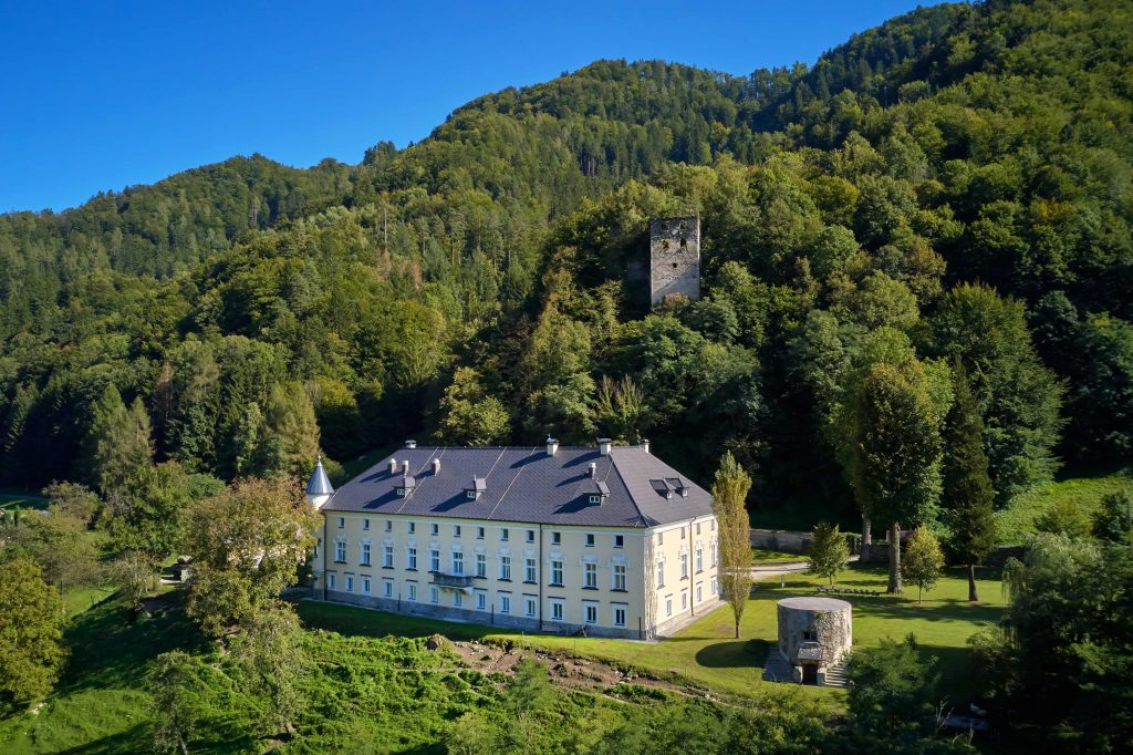 A grand historic building embraced by green forests, with the remains of an old castle tower in the background.