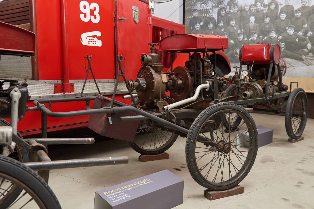 An old motor fire pump and firefighting equipment are on display in the museum.