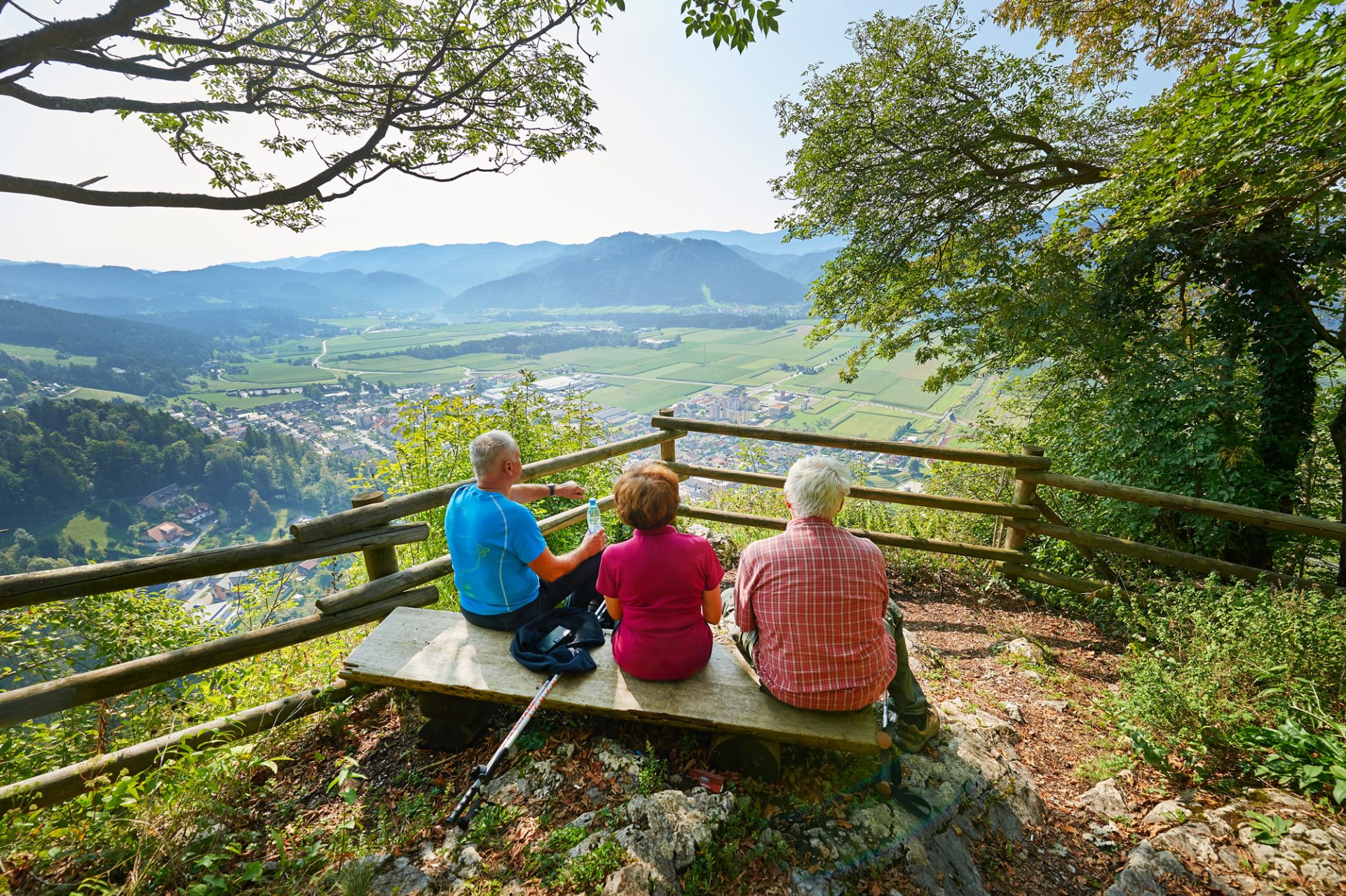 From the viewpoint, wide vistas open up to the green valley and the hilly Koroška landscape.