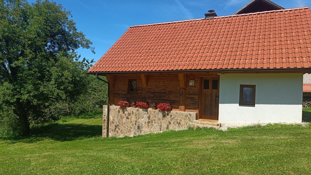 Gorska kmetija na nadmorski višini 1000 metrov obdana s cvetočim travnikom, sadovnjakom in gozdom.