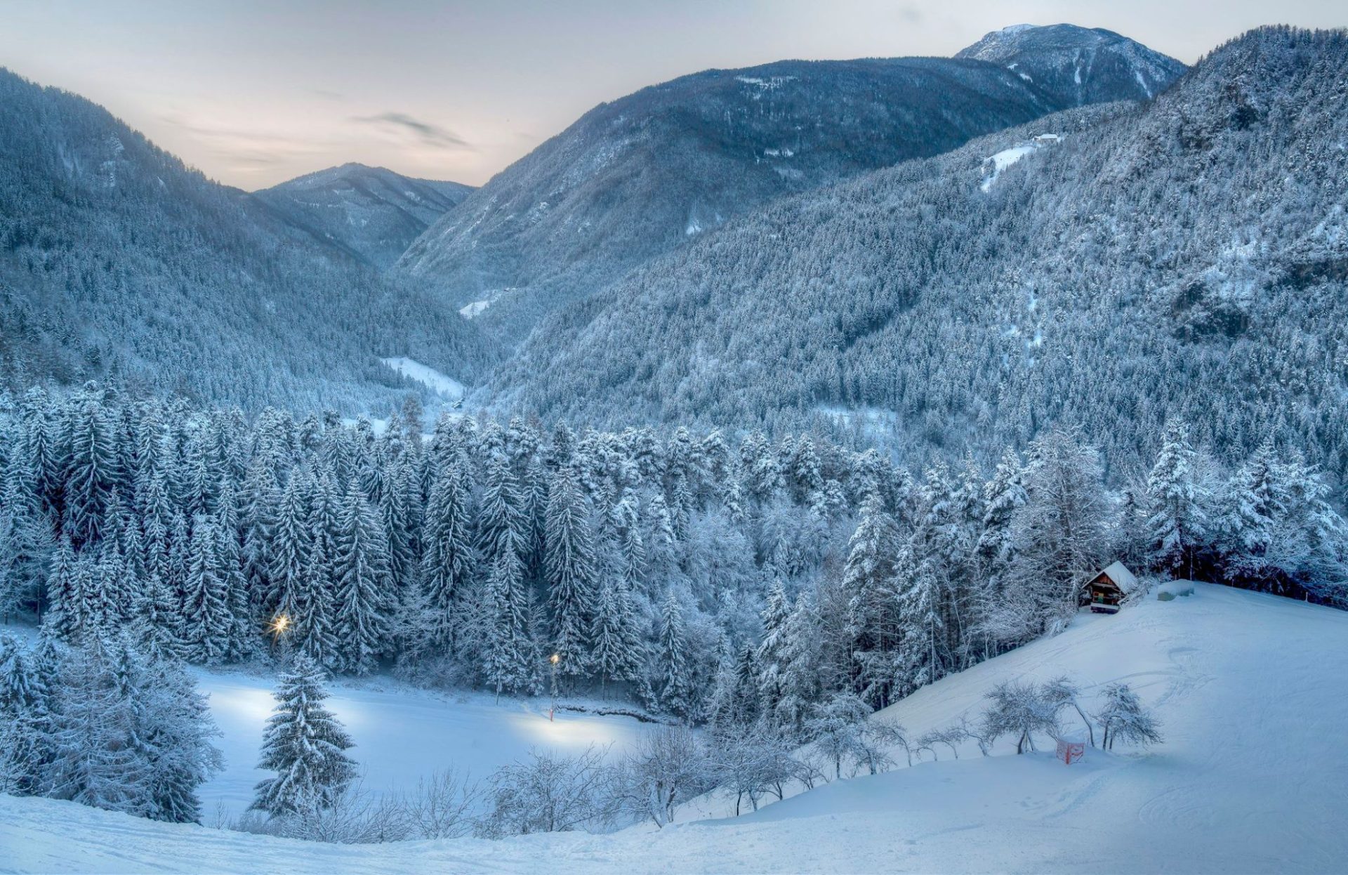 A snow-covered ski resort embraced by peaceful winter nature.