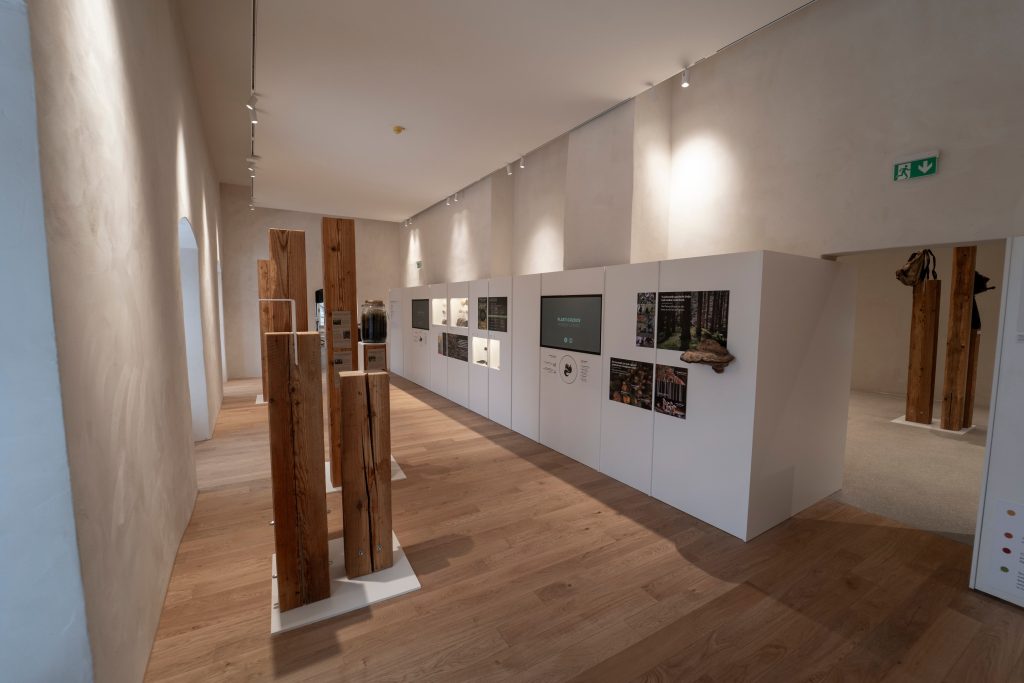 Interior of the manor with an arranged exhibition space, where various exhibitions are on display for visitors.