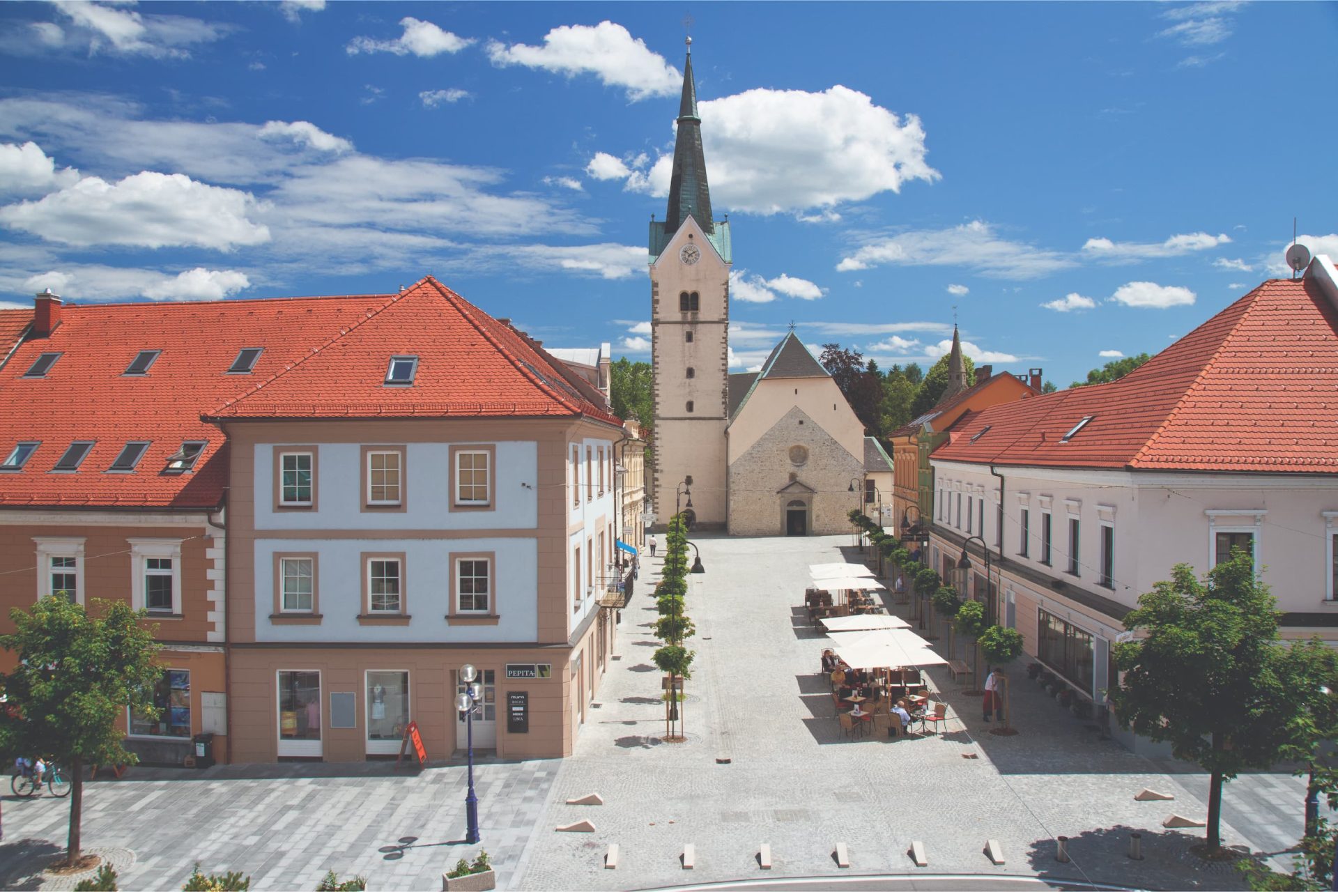 The main square in Slovenj Gradec with St. Elizabeth's Church, one of the central landmarks of the old town center. 