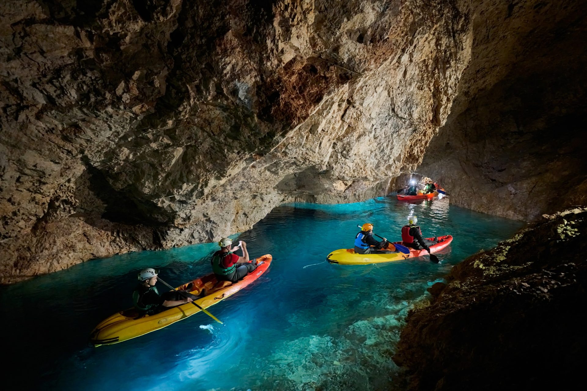 Exploring underground tunnels by kayak