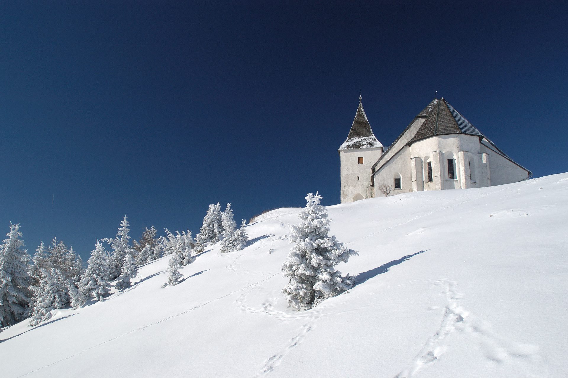 St. Ursula's Church embraced by snowy whiteness. 