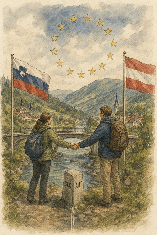 Simbolni prikaz čezmejnega sodelovanja med Slovenijo in Avstrijo, ki povezuje ljudi, kraje in razvojne priložnosti na obeh straneh meje.