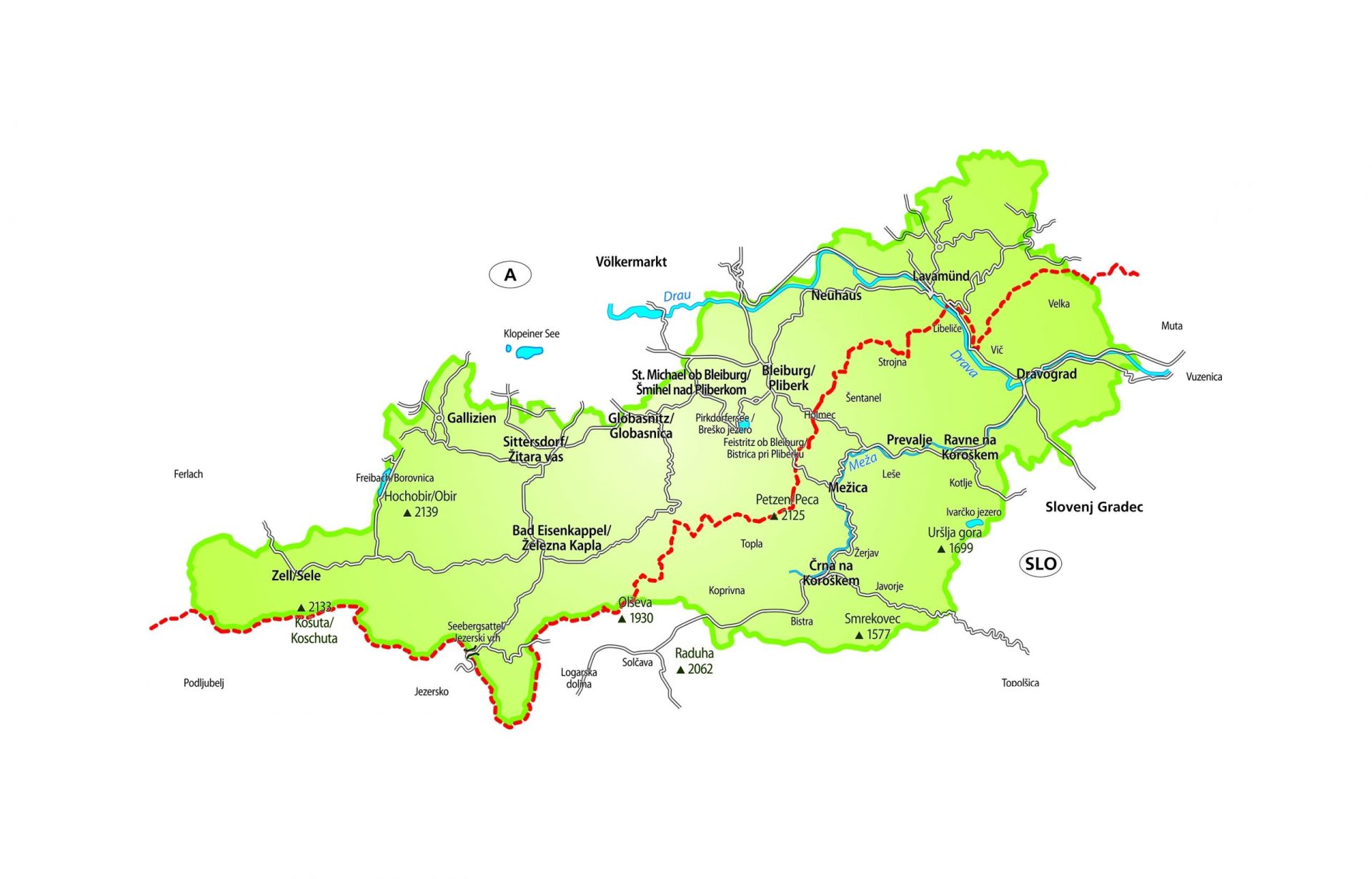 Map of the cross-border Karavanke Geopark, connecting areas of Koroška on the Slovenian and Austrian sides of the border.