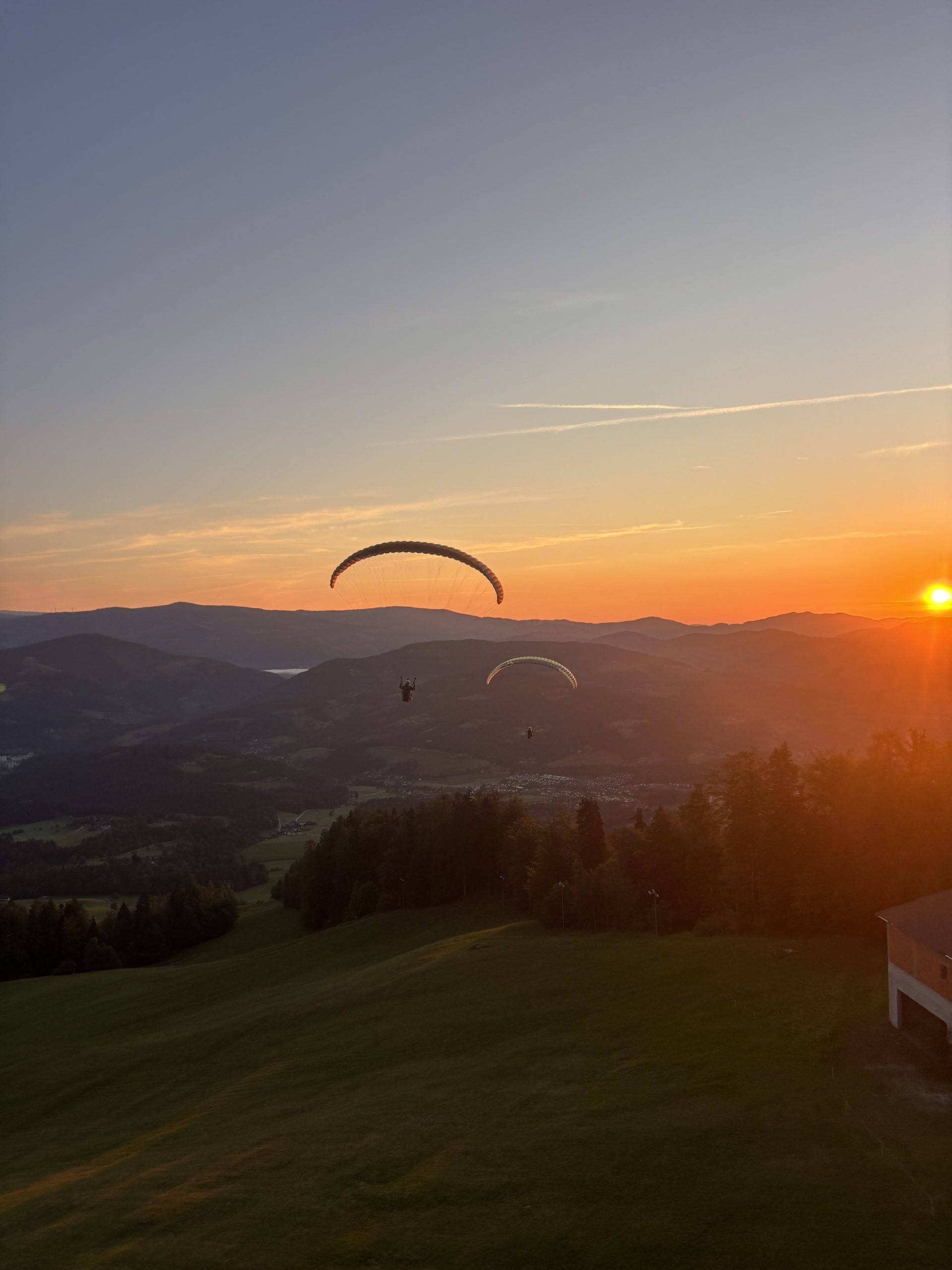 An evening flight at sunset.